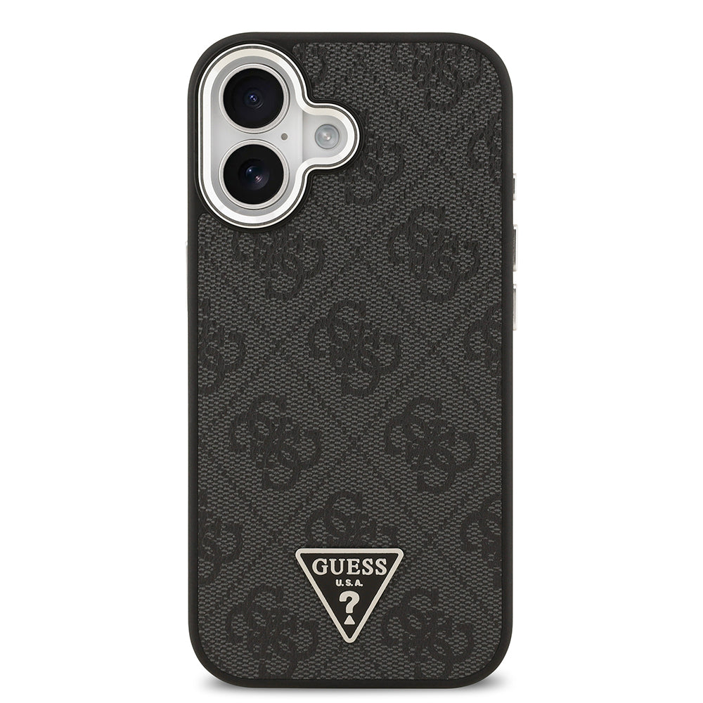 iPhone 17 Kılıf Guess Orjinal Lisanslı M-safe Şarj Özellikli Gümüş Metal Kamera Çerçeveli Üçgen Logo 4G Desenli Kapak