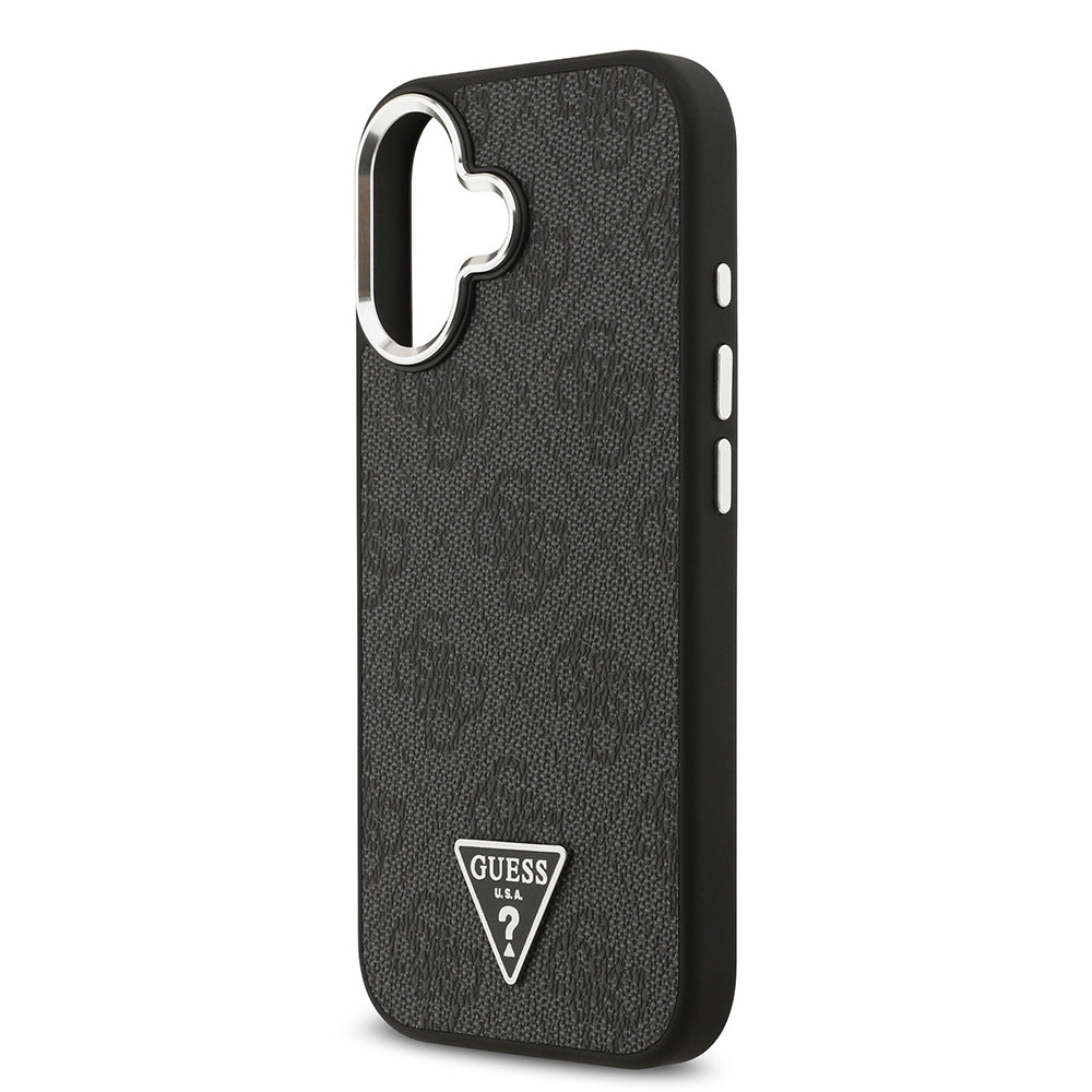 iPhone 17 Kılıf Guess Orjinal Lisanslı M-safe Şarj Özellikli Gümüş Metal Kamera Çerçeveli Üçgen Logo 4G Desenli Kapak