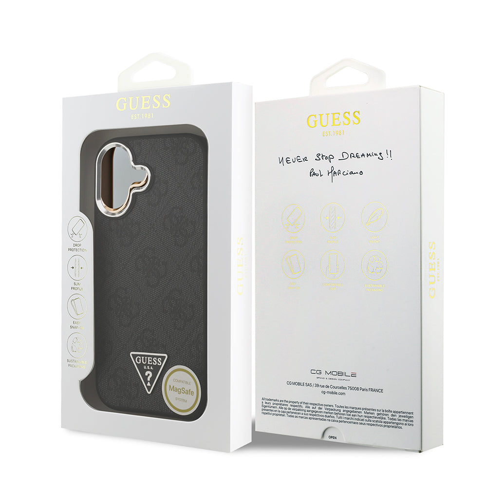 iPhone 17 Kılıf Guess Orjinal Lisanslı M-safe Şarj Özellikli Gümüş Metal Kamera Çerçeveli Üçgen Logo 4G Desenli Kapak