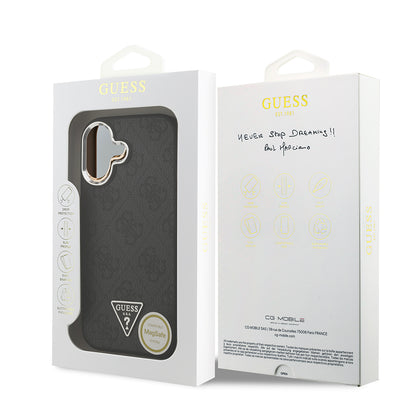 iPhone 17 Kılıf Guess Orjinal Lisanslı M-safe Şarj Özellikli Gümüş Metal Kamera Çerçeveli Üçgen Logo 4G Desenli Kapak