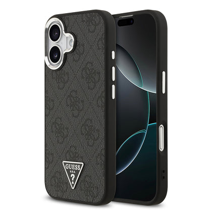 iPhone 17 Kılıf Guess Orjinal Lisanslı M-safe Şarj Özellikli Gümüş Metal Kamera Çerçeveli Üçgen Logo 4G Desenli Kapak