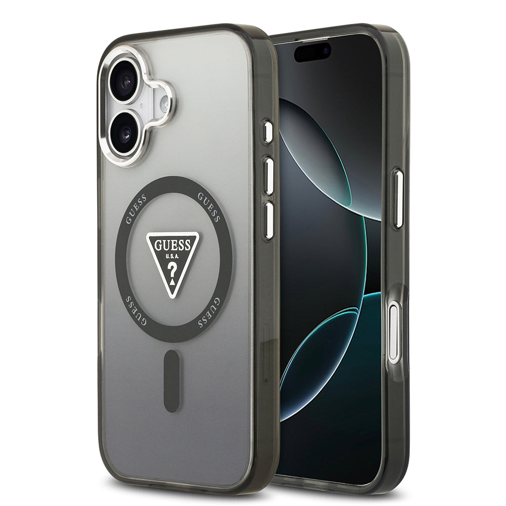 iPhone 17 Kılıf Guess Orjinal Lisanslı M-safe Şarj Özellikli IML Baskılı Üçgen Logolu Metal Kamera Çerçeveli Kapak