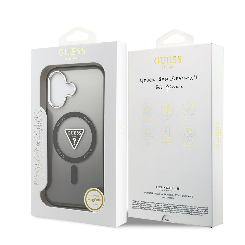 iPhone 17 Kılıf Guess Orjinal Lisanslı M-safe Şarj Özellikli IML Baskılı Üçgen Logolu Metal Kamera Çerçeveli Kapak