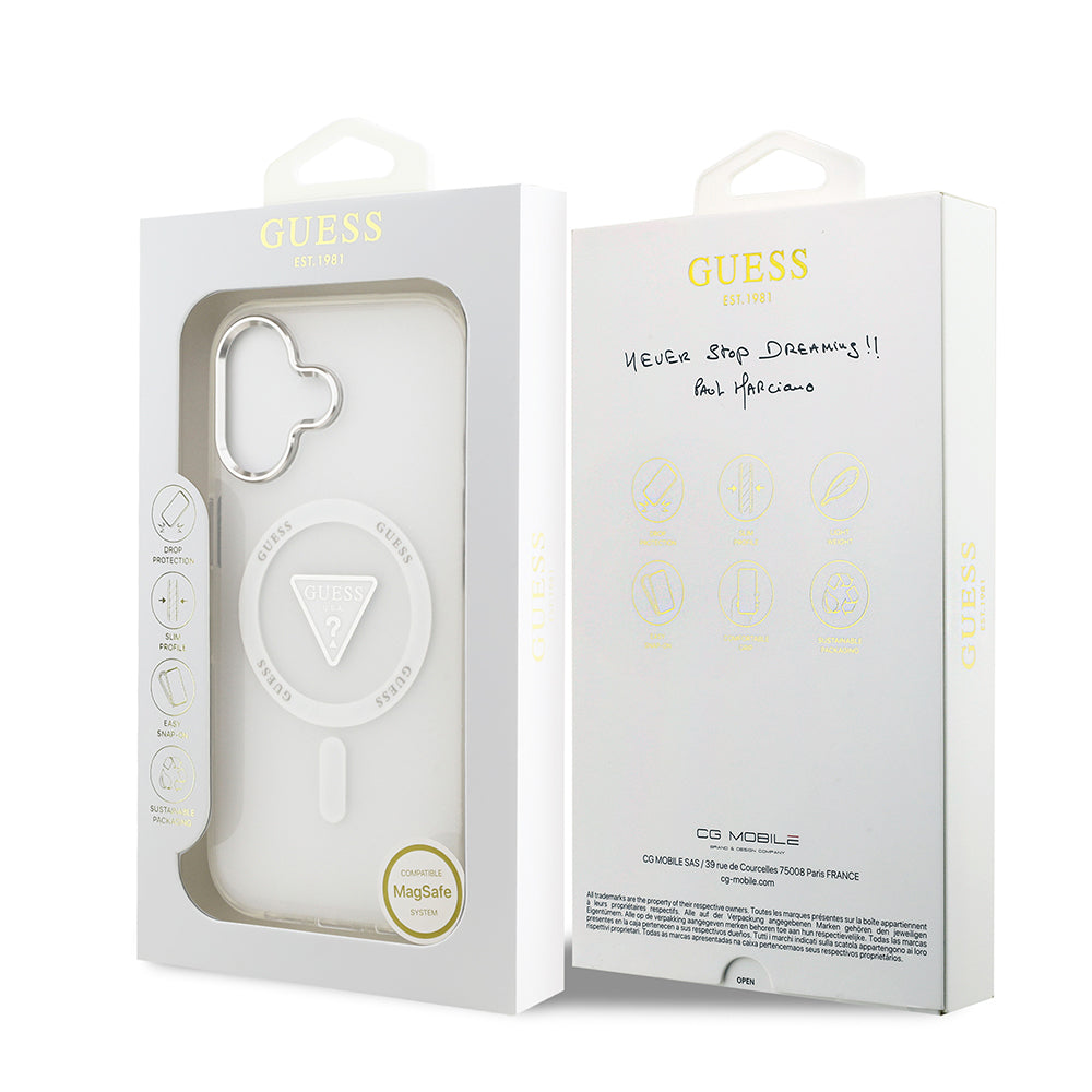 iPhone 17 Kılıf Guess Orjinal Lisanslı M-safe Şarj Özellikli IML Baskılı Üçgen Logolu Metal Kamera Çerçeveli Kapak