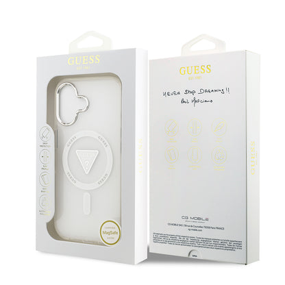 iPhone 17 Kılıf Guess Orjinal Lisanslı M-safe Şarj Özellikli IML Baskılı Üçgen Logolu Metal Kamera Çerçeveli Kapak