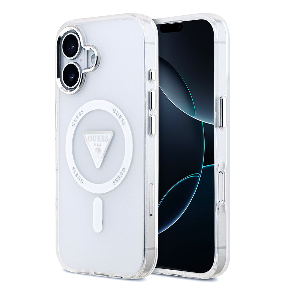 iPhone 17 Kılıf Guess Orjinal Lisanslı M-safe Şarj Özellikli IML Baskılı Üçgen Logolu Metal Kamera Çerçeveli Kapak