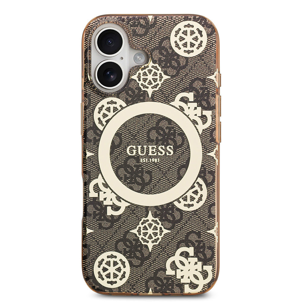 iPhone 17 Kılıf Guess Orjinal Lisanslı M-safe Şarj Özellikli IML Peony ve 4G Desenli Klasik Logolu Kapak