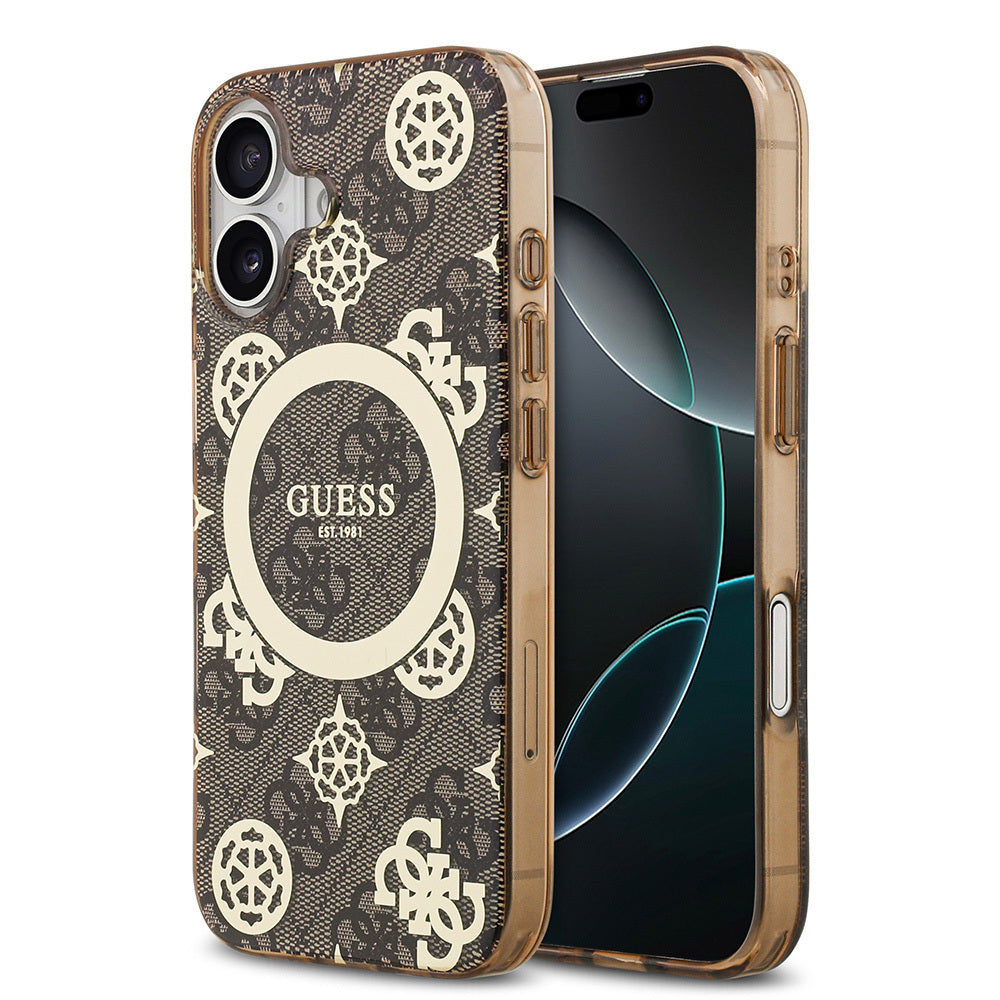 iPhone 17 Kılıf Guess Orjinal Lisanslı M-safe Şarj Özellikli IML Peony ve 4G Desenli Klasik Logolu Kapak
