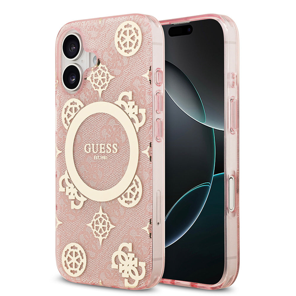 iPhone 17 Kılıf Guess Orjinal Lisanslı M-safe Şarj Özellikli IML Peony ve 4G Desenli Klasik Logolu Kapak