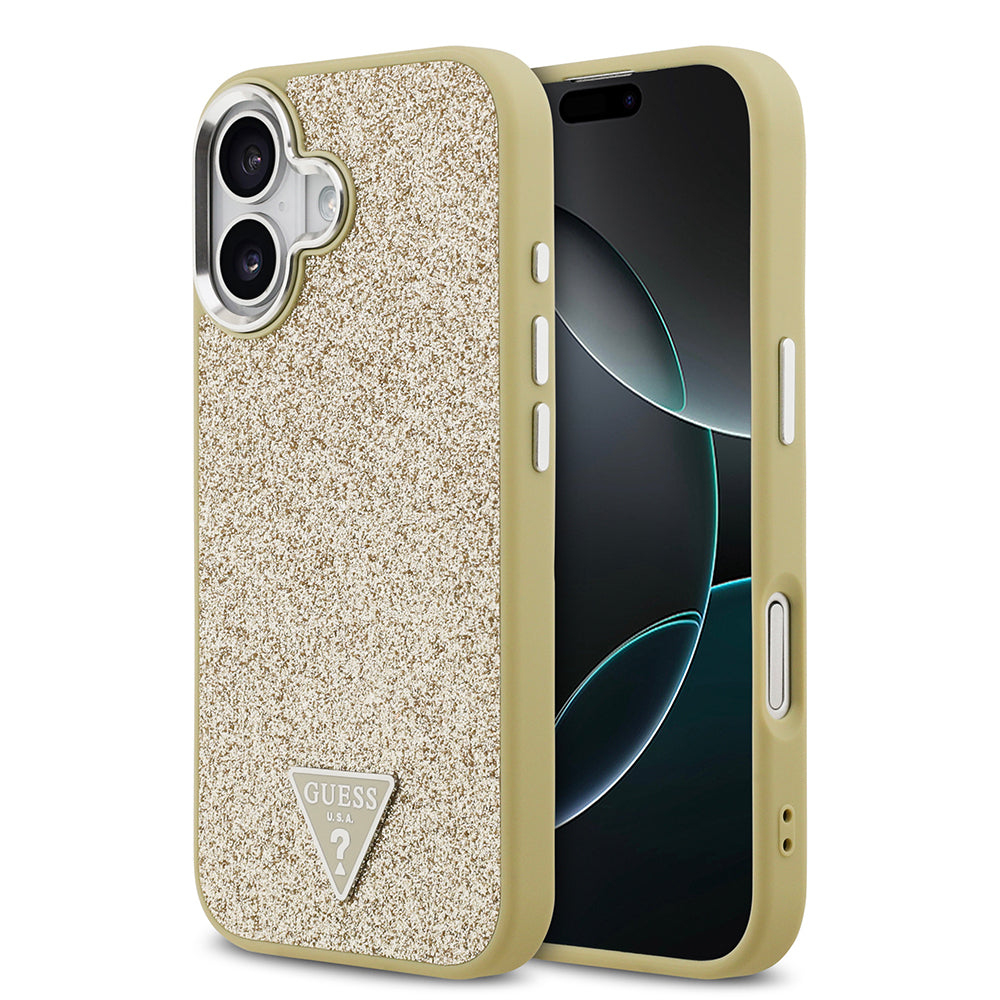 iPhone 17 Kılıf Guess Orjinal Lisanslı M-safe Şarj Özellikli Metal Kamera Çerçeveli Üçgen Logolu Glitter Kapak