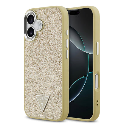 iPhone 17 Kılıf Guess Orjinal Lisanslı M-safe Şarj Özellikli Metal Kamera Çerçeveli Üçgen Logolu Glitter Kapak