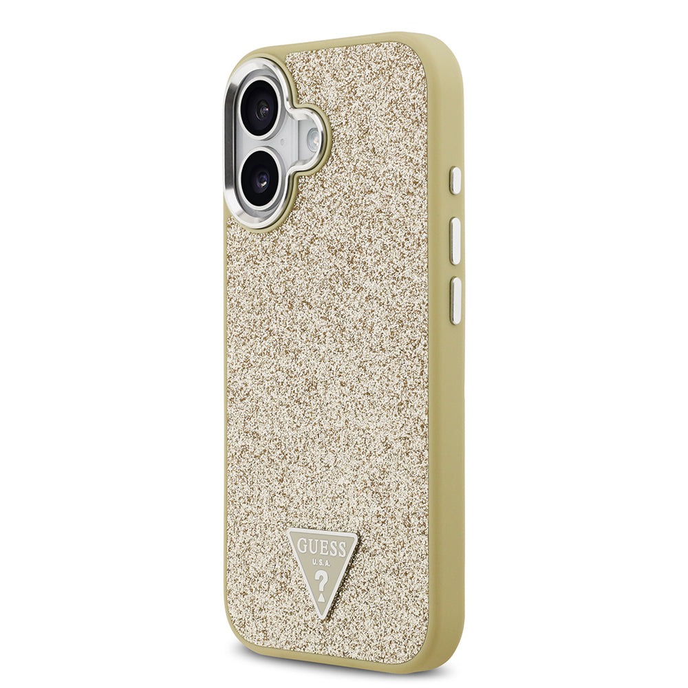 iPhone 17 Kılıf Guess Orjinal Lisanslı M-safe Şarj Özellikli Metal Kamera Çerçeveli Üçgen Logolu Glitter Kapak