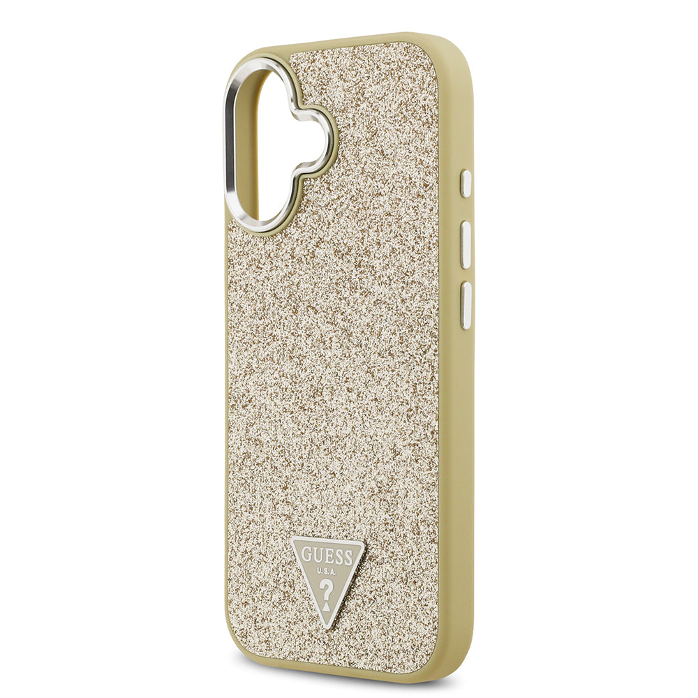 iPhone 17 Kılıf Guess Orjinal Lisanslı M-safe Şarj Özellikli Metal Kamera Çerçeveli Üçgen Logolu Glitter Kapak