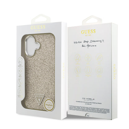 iPhone 17 Kılıf Guess Orjinal Lisanslı M-safe Şarj Özellikli Metal Kamera Çerçeveli Üçgen Logolu Glitter Kapak