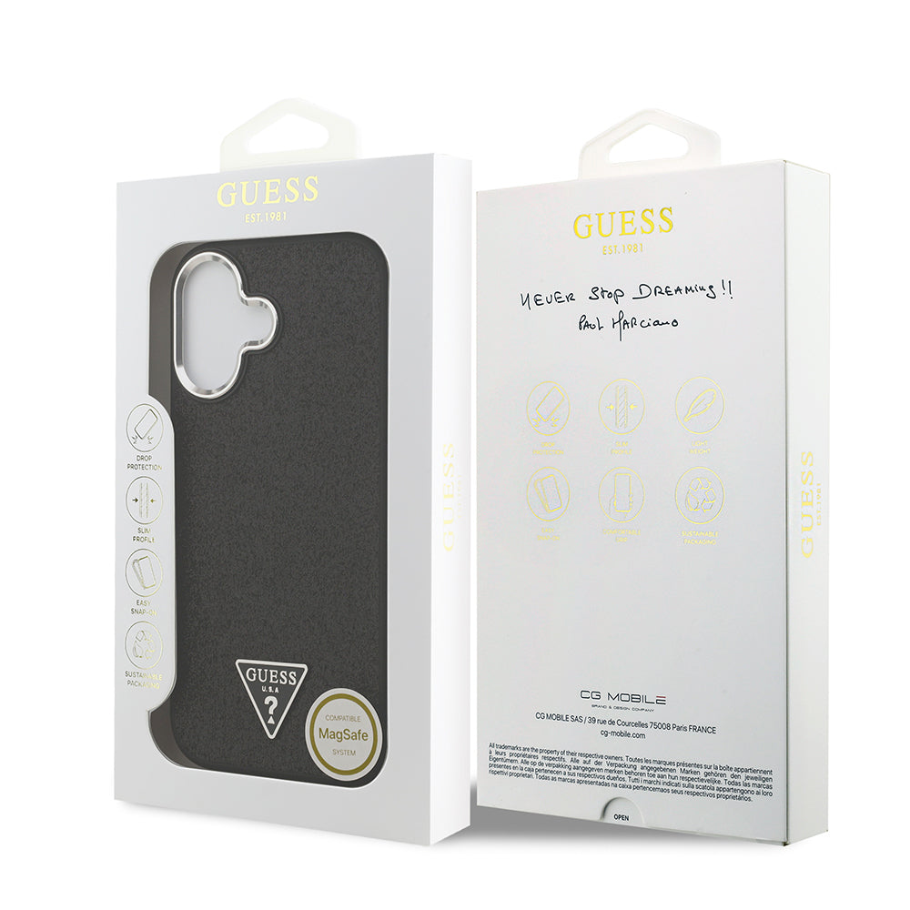 iPhone 17 Kılıf Guess Orjinal Lisanslı M-safe Şarj Özellikli Metal Kamera Çerçeveli Üçgen Logolu Glitter Kapak