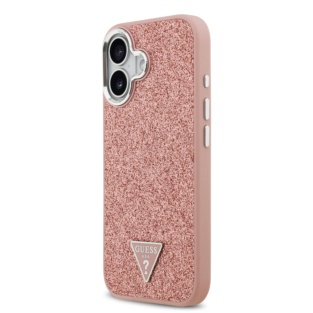 iPhone 17 Kılıf Guess Orjinal Lisanslı M-safe Şarj Özellikli Metal Kamera Çerçeveli Üçgen Logolu Glitter Kapak