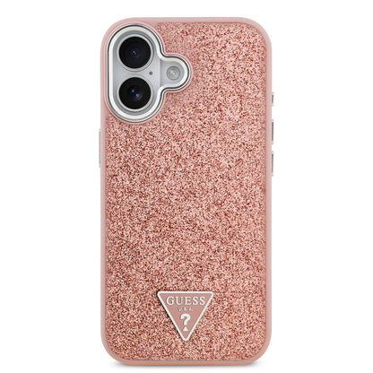iPhone 17 Kılıf Guess Orjinal Lisanslı M-safe Şarj Özellikli Metal Kamera Çerçeveli Üçgen Logolu Glitter Kapak