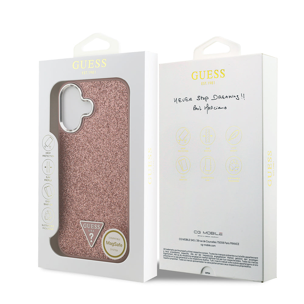 iPhone 17 Kılıf Guess Orjinal Lisanslı M-safe Şarj Özellikli Metal Kamera Çerçeveli Üçgen Logolu Glitter Kapak