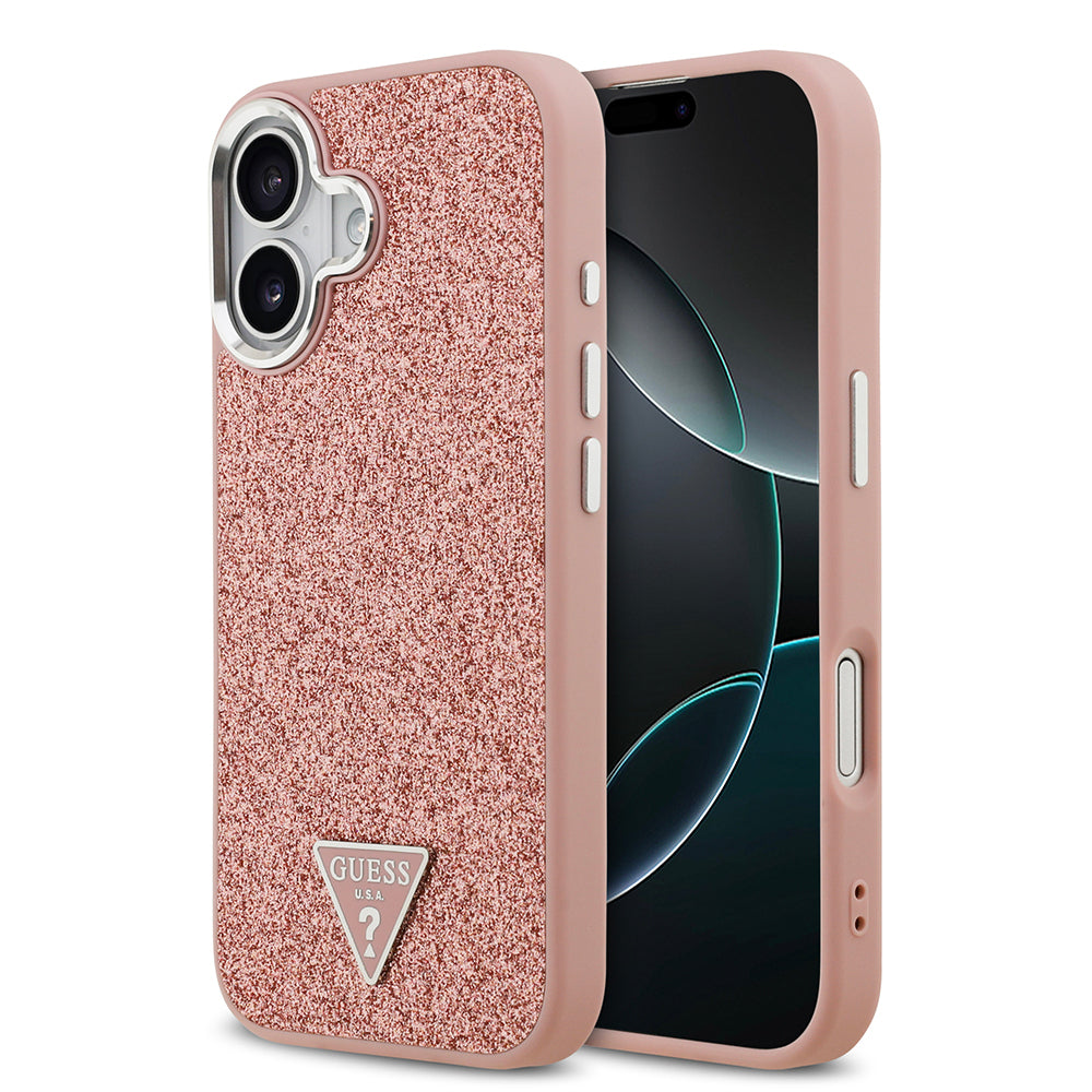 iPhone 17 Kılıf Guess Orjinal Lisanslı M-safe Şarj Özellikli Metal Kamera Çerçeveli Üçgen Logolu Glitter Kapak