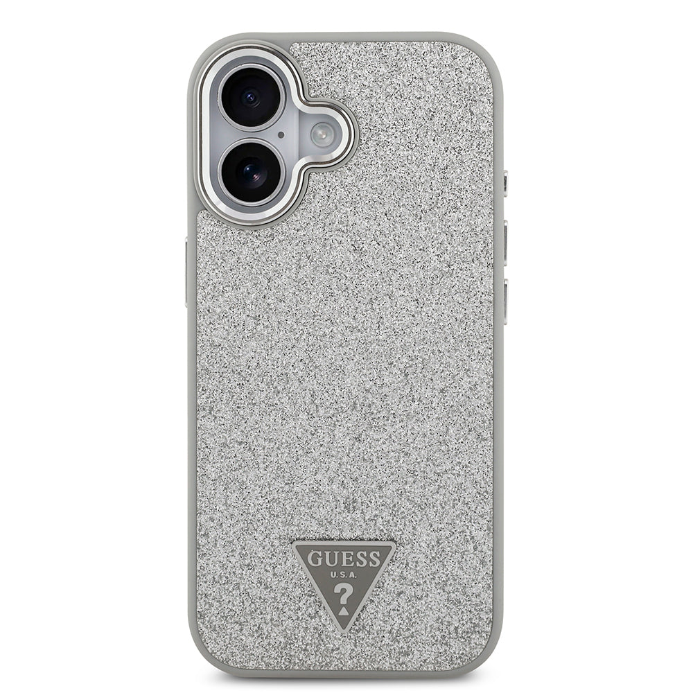 iPhone 17 Kılıf Guess Orjinal Lisanslı M-safe Şarj Özellikli Metal Kamera Çerçeveli Üçgen Logolu Glitter Kapak