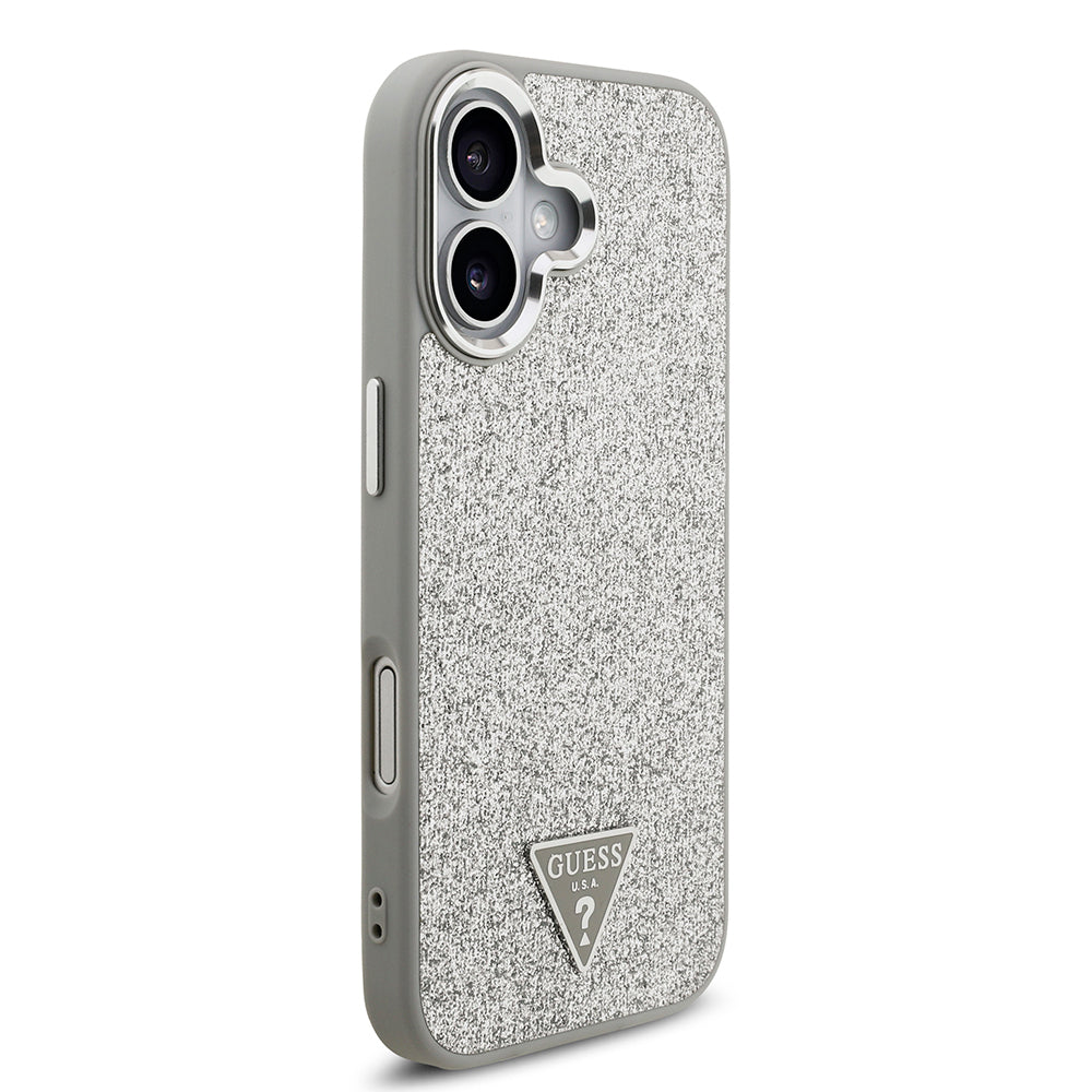 iPhone 17 Kılıf Guess Orjinal Lisanslı M-safe Şarj Özellikli Metal Kamera Çerçeveli Üçgen Logolu Glitter Kapak