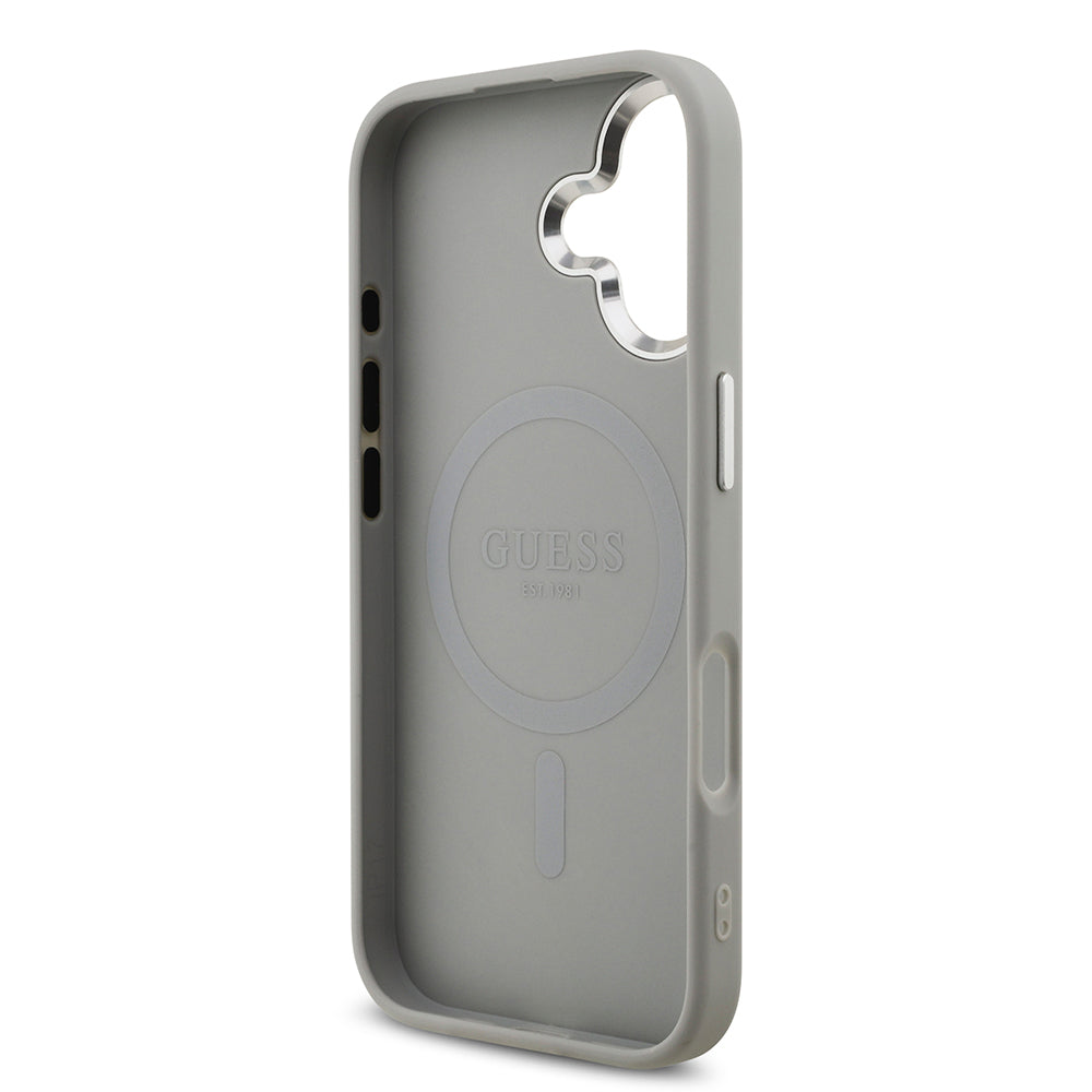 iPhone 17 Kılıf Guess Orjinal Lisanslı M-safe Şarj Özellikli Metal Kamera Çerçeveli Üçgen Logolu Glitter Kapak