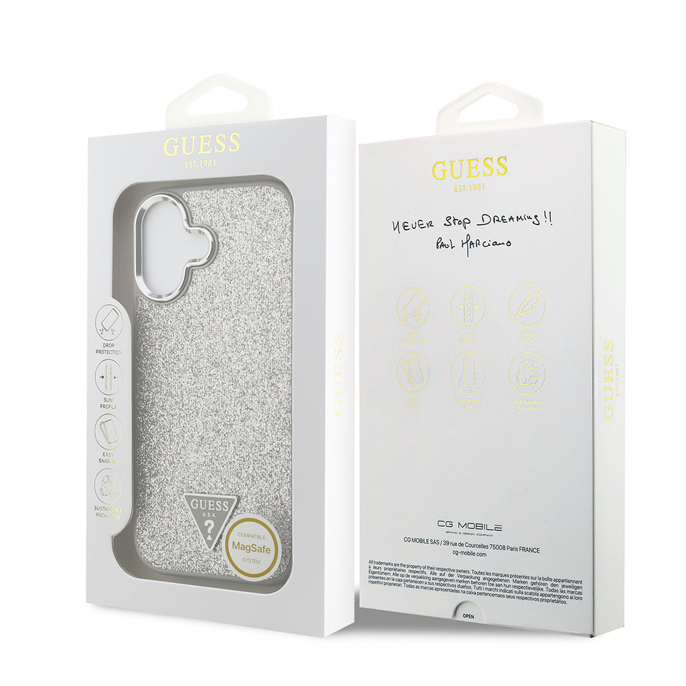 iPhone 17 Kılıf Guess Orjinal Lisanslı M-safe Şarj Özellikli Metal Kamera Çerçeveli Üçgen Logolu Glitter Kapak