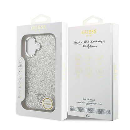 iPhone 17 Kılıf Guess Orjinal Lisanslı M-safe Şarj Özellikli Metal Kamera Çerçeveli Üçgen Logolu Glitter Kapak