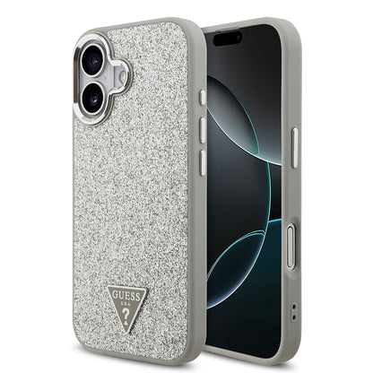 iPhone 17 Kılıf Guess Orjinal Lisanslı M-safe Şarj Özellikli Metal Kamera Çerçeveli Üçgen Logolu Glitter Kapak