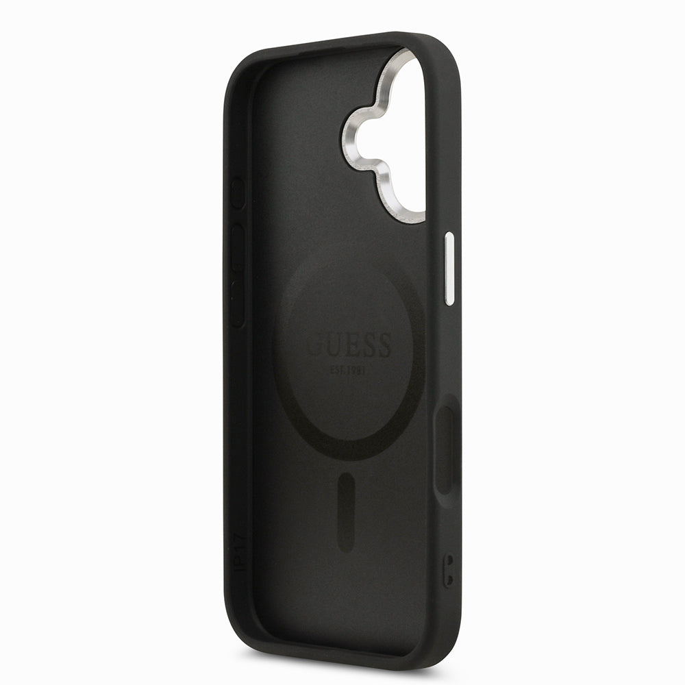 iPhone 17 Kılıf Guess Orjinal Lisanslı M-safe Şarj Özellikli PU Deri Metal Kamera Çerçeveli Üçgen Logolu Kapak