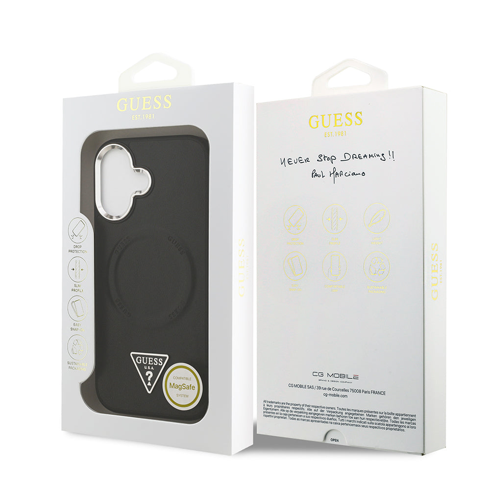 iPhone 17 Kılıf Guess Orjinal Lisanslı M-safe Şarj Özellikli PU Deri Metal Kamera Çerçeveli Üçgen Logolu Kapak