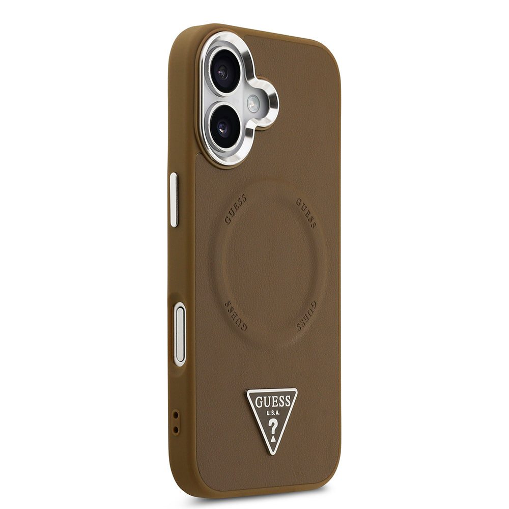 iPhone 17 Kılıf Guess Orjinal Lisanslı M-safe Şarj Özellikli PU Deri Metal Kamera Çerçeveli Üçgen Logolu Kapak