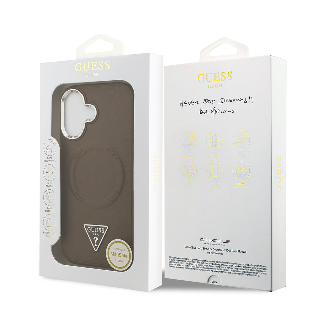 iPhone 17 Kılıf Guess Orjinal Lisanslı M-safe Şarj Özellikli PU Deri Metal Kamera Çerçeveli Üçgen Logolu Kapak