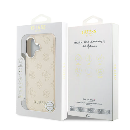 iPhone 17 Kılıf Guess Orjinal Lisanslı M-safe Şarj Özellikli Sıcak Baskılı Klasik Yazı Logolu PU Deri Peony Kapak