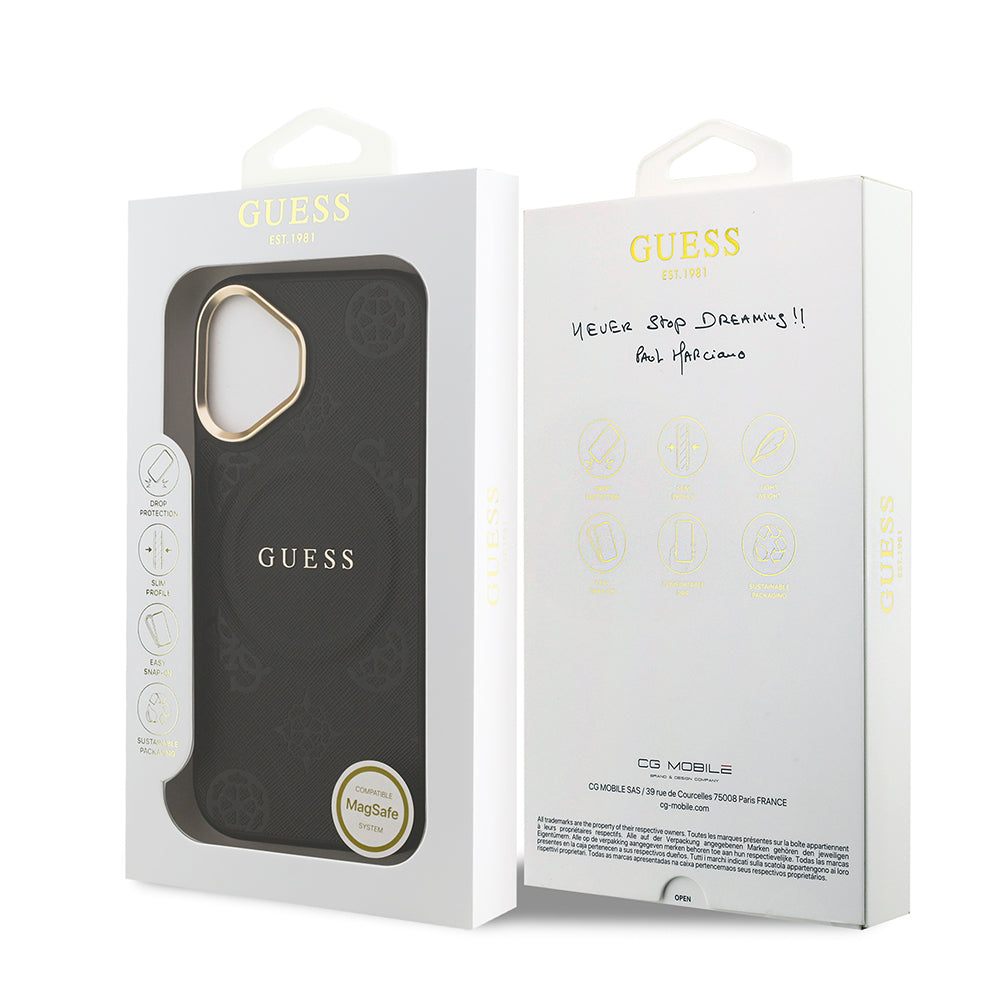 iPhone 17 Kılıf Guess Orjinal Lisanslı M-safe Şarj Özellikli Sıcak Baskılı Yazı Logolu PU Deri Peony Kapak