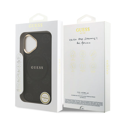 iPhone 17 Kılıf Guess Orjinal Lisanslı M-safe Şarj Özellikli Sıcak Baskılı Yazı Logolu PU Deri Peony Kapak