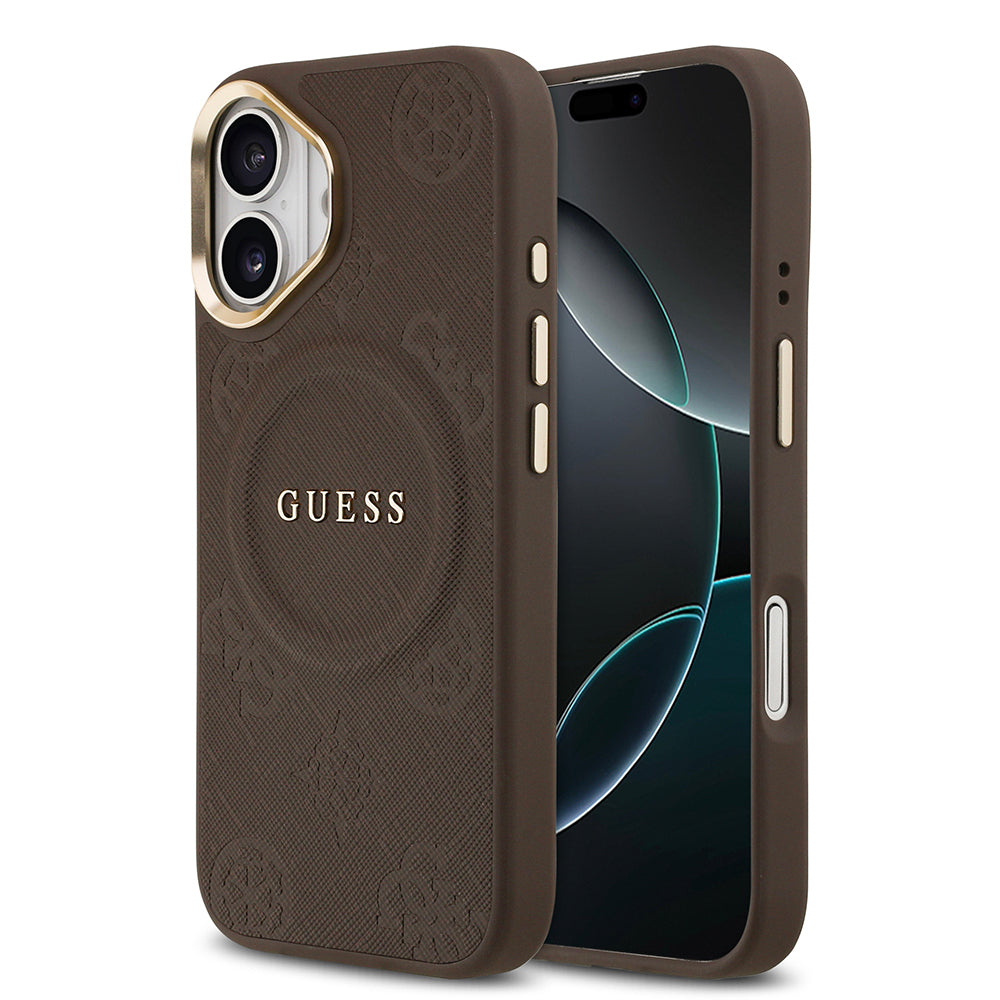 iPhone 17 Kılıf Guess Orjinal Lisanslı M-safe Şarj Özellikli Sıcak Baskılı Yazı Logolu PU Deri Peony Kapak
