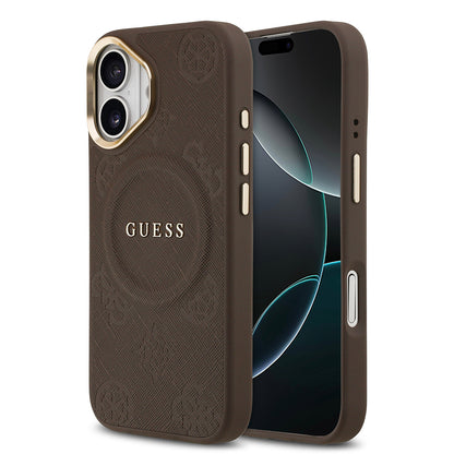 iPhone 17 Kılıf Guess Orjinal Lisanslı M-safe Şarj Özellikli Sıcak Baskılı Yazı Logolu PU Deri Peony Kapak