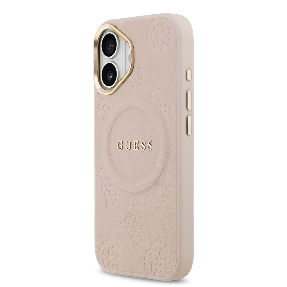 iPhone 17 Kılıf Guess Orjinal Lisanslı M-safe Şarj Özellikli Sıcak Baskılı Yazı Logolu PU Deri Peony Kapak