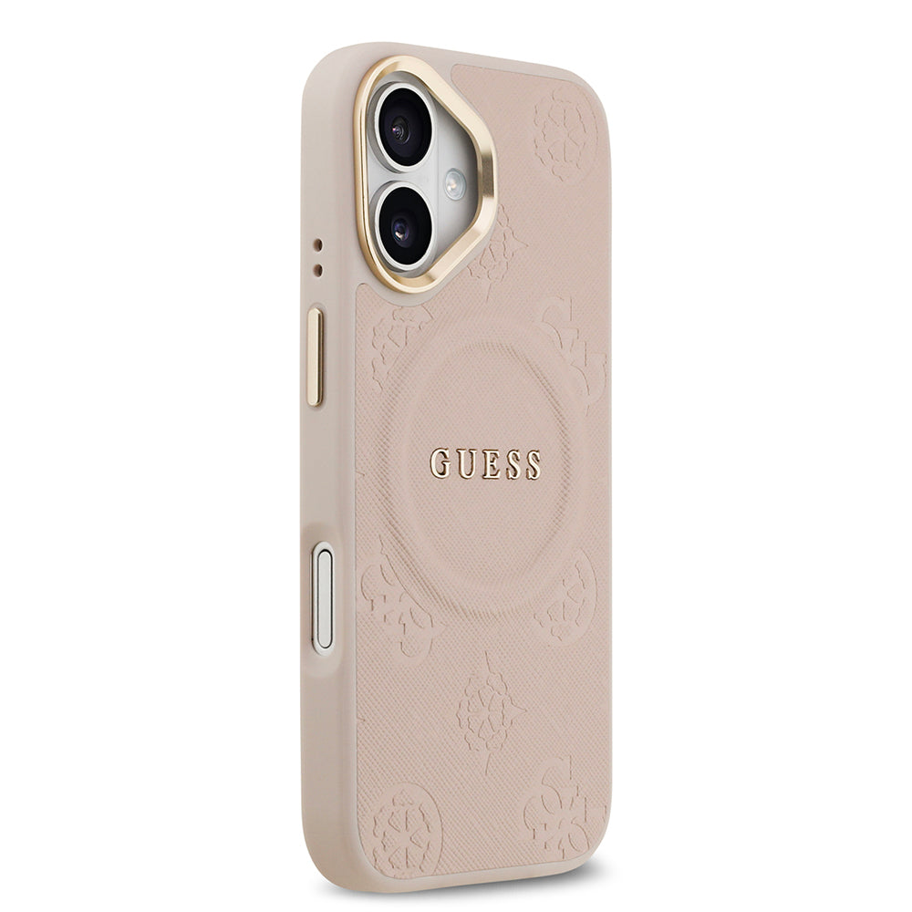 iPhone 17 Kılıf Guess Orjinal Lisanslı M-safe Şarj Özellikli Sıcak Baskılı Yazı Logolu PU Deri Peony Kapak
