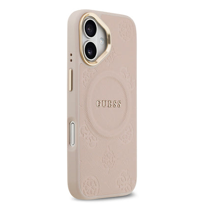 iPhone 17 Kılıf Guess Orjinal Lisanslı M-safe Şarj Özellikli Sıcak Baskılı Yazı Logolu PU Deri Peony Kapak