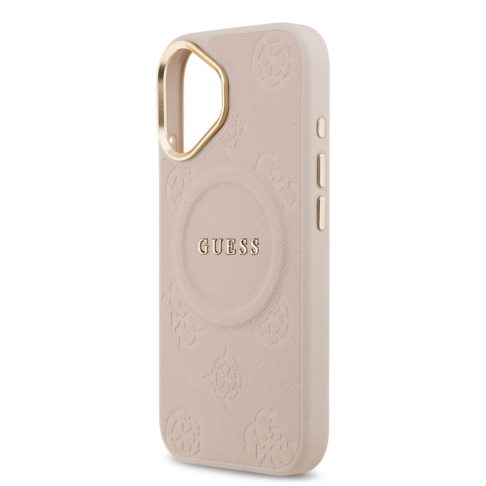 iPhone 17 Kılıf Guess Orjinal Lisanslı M-safe Şarj Özellikli Sıcak Baskılı Yazı Logolu PU Deri Peony Kapak