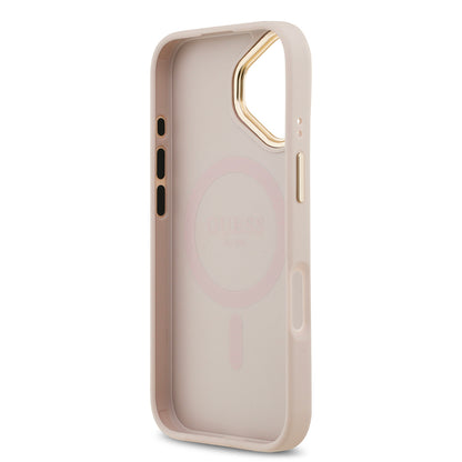 iPhone 17 Kılıf Guess Orjinal Lisanslı M-safe Şarj Özellikli Sıcak Baskılı Yazı Logolu PU Deri Peony Kapak