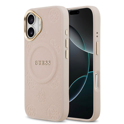 iPhone 17 Kılıf Guess Orjinal Lisanslı M-safe Şarj Özellikli Sıcak Baskılı Yazı Logolu PU Deri Peony Kapak