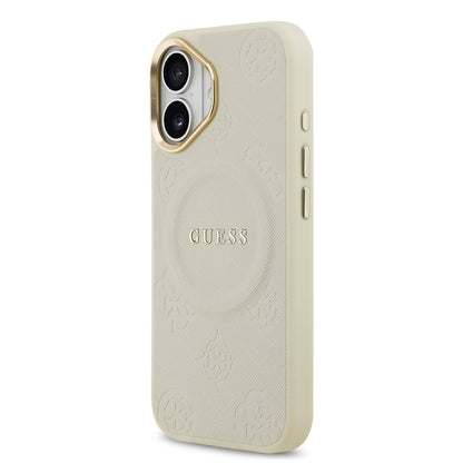 iPhone 17 Kılıf Guess Orjinal Lisanslı M-safe Şarj Özellikli Sıcak Baskılı Yazı Logolu PU Deri Peony Kapak