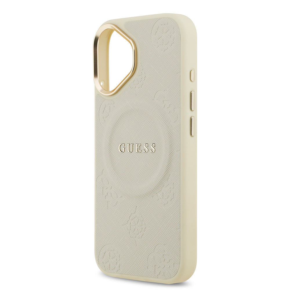 iPhone 17 Kılıf Guess Orjinal Lisanslı M-safe Şarj Özellikli Sıcak Baskılı Yazı Logolu PU Deri Peony Kapak