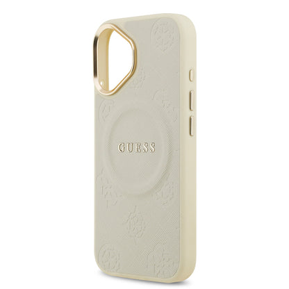 iPhone 17 Kılıf Guess Orjinal Lisanslı M-safe Şarj Özellikli Sıcak Baskılı Yazı Logolu PU Deri Peony Kapak