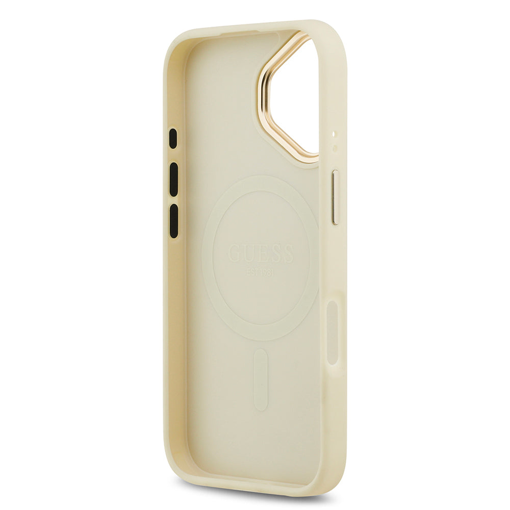 iPhone 17 Kılıf Guess Orjinal Lisanslı M-safe Şarj Özellikli Sıcak Baskılı Yazı Logolu PU Deri Peony Kapak