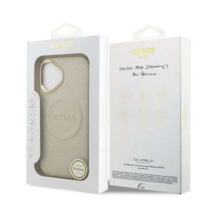 iPhone 17 Kılıf Guess Orjinal Lisanslı M-safe Şarj Özellikli Sıcak Baskılı Yazı Logolu PU Deri Peony Kapak