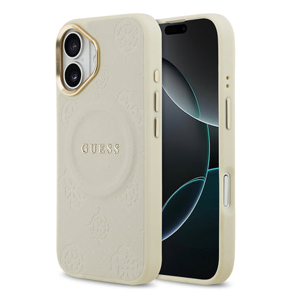 iPhone 17 Kılıf Guess Orjinal Lisanslı M-safe Şarj Özellikli Sıcak Baskılı Yazı Logolu PU Deri Peony Kapak